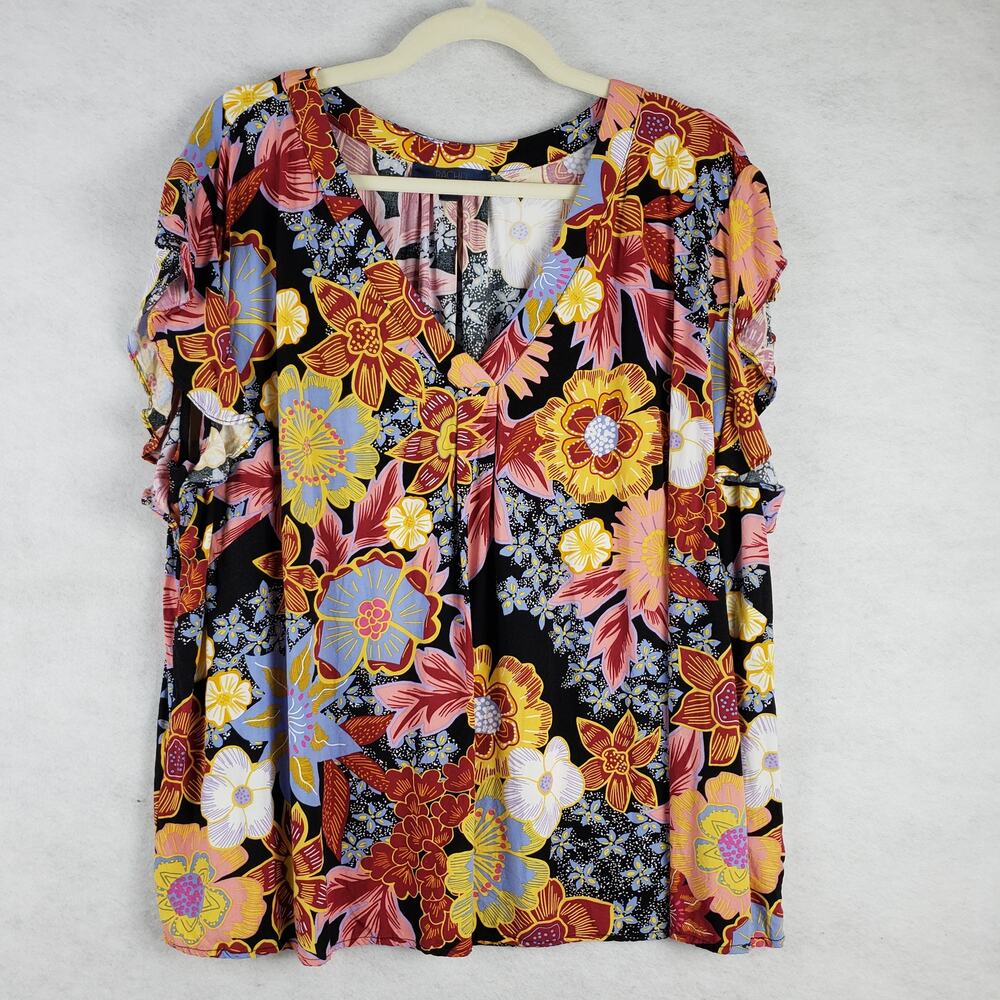 Rachel Roy Womens Plus 3X Flutter Sleeve Floral Blouse Colorful Mod Flower Power